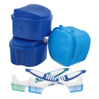 IMIKEYA Denture Soaking Cup Denture Storage Case 3 Sets with Brush and Secure Lid for Extending Lifespan Plastic and Nylon Ventilated Design for Travel and Outdoor Use