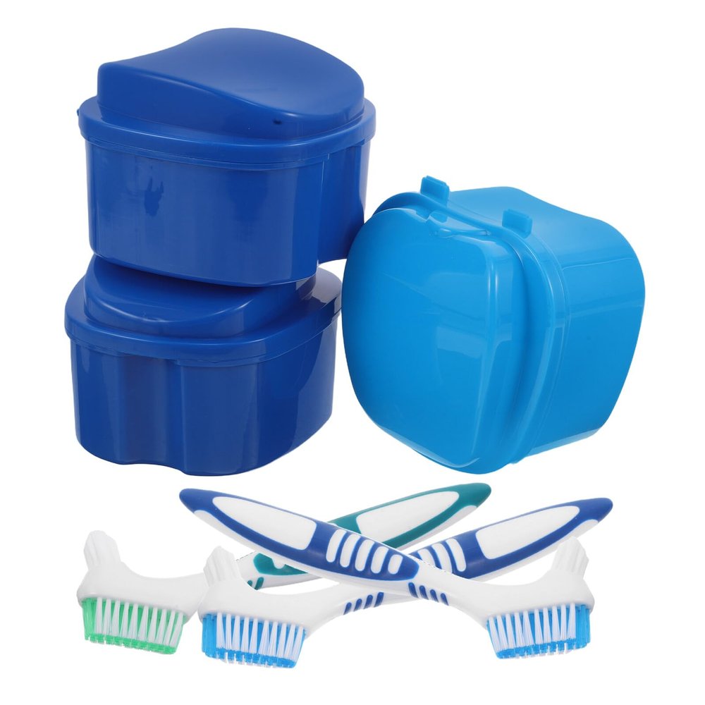 IMIKEYA Denture Soaking Cup Denture Storage Case 3 Sets with Brush and Secure Lid for Extending Lifespan Plastic and Nylon Ventilated Design for Travel and Outdoor Use