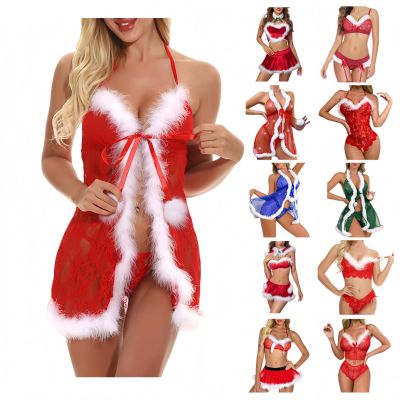 Sexy Santa Outfit Women, Sexy Santa Babydoll Dress Lace Chemise with Faux Fur Mesh Sleepwear Naughty Festive Nightwear