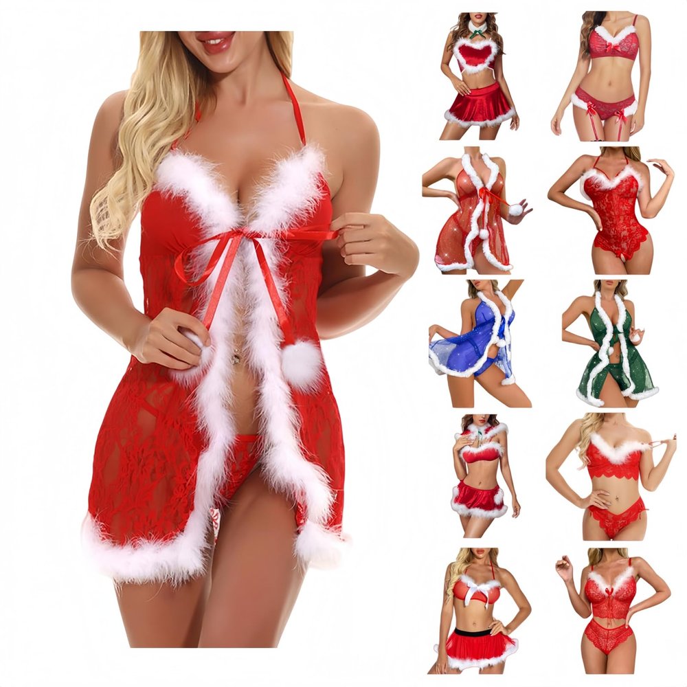 Sexy Santa Outfit Women, Sexy Santa Babydoll Dress Lace Chemise with Faux Fur Mesh Sleepwear Naughty Festive Nightwear