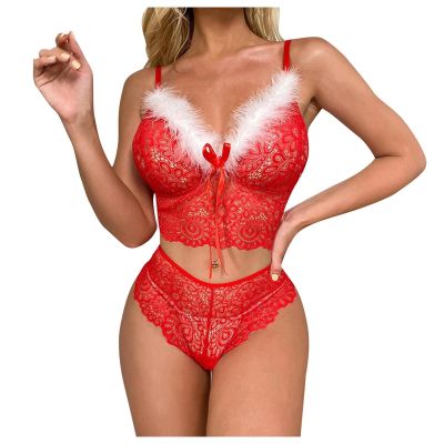 Sexy Lingerie for Women, Sexy Santa Babydoll Dress Lace Chemise with Faux Fur Mesh Sleepwear Naughty Festive Nightwear