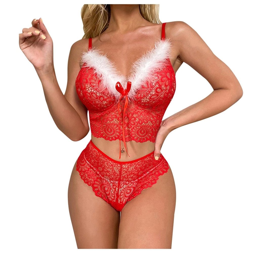 Sexy Lingerie for Women, Sexy Santa Babydoll Dress Lace Chemise with Faux Fur Mesh Sleepwear Naughty Festive Nightwear