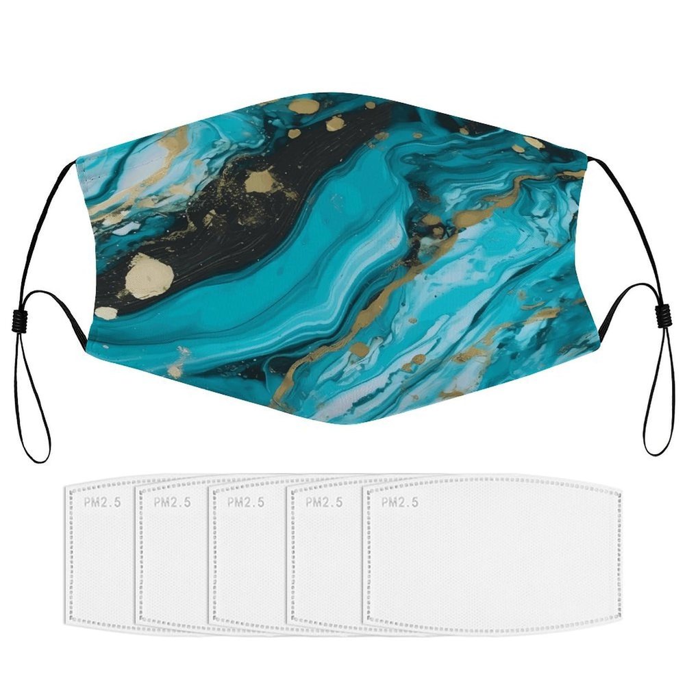 BVKWNTSA Reusable Respirator Face Mask with Filter - Turquoise Blue Gold Marble Printed Breathable Cotton Dust/Paint Safety Cover, Adjustable Ear Straps & Nose Wire