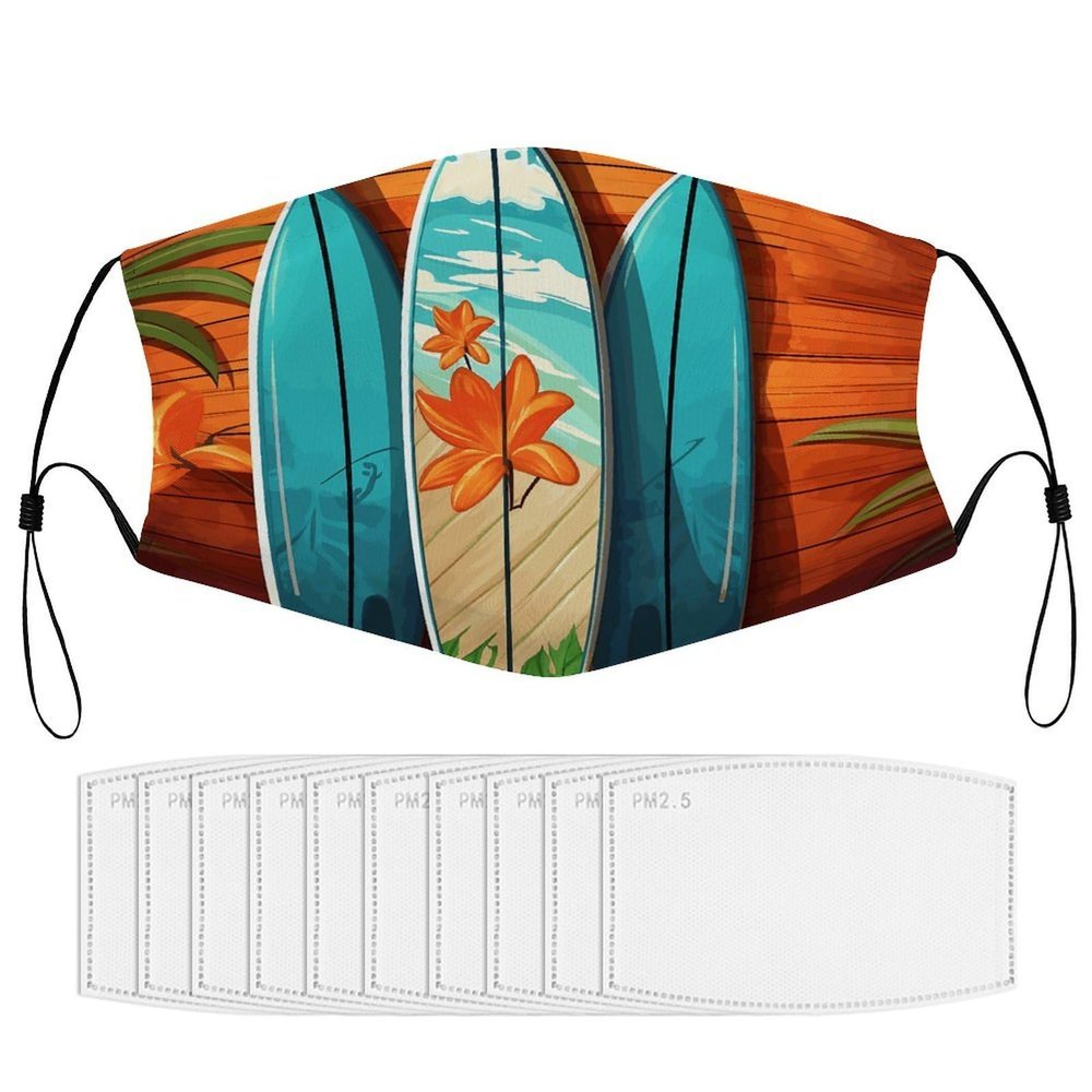BVKWNTSA Reusable Respirator Face Mask with Filter - Surfboard on Wooden Printed Breathable Cotton Dust/Paint Safety Cover, Adjustable Ear Straps & Nose Wire