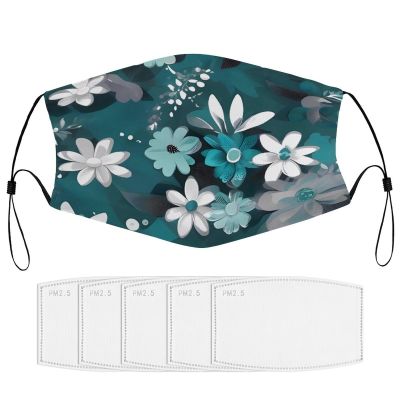 BVKWNTSA Reusable Respirator Face Mask with Filter - Teal Grey And White Floral Printed Breathable Cotton Dust/Paint Safety Cover, Adjustable Ear Straps & Nose Wire