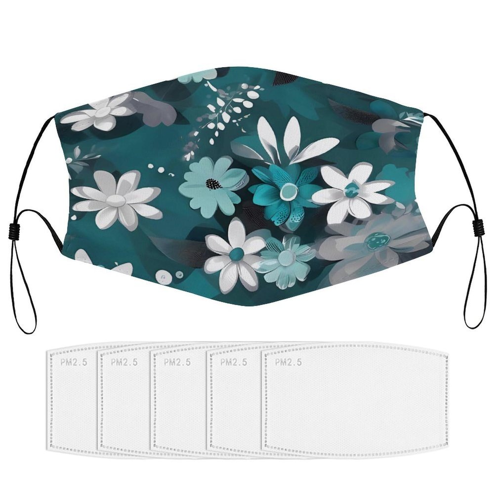 BVKWNTSA Reusable Respirator Face Mask with Filter - Teal Grey And White Floral Printed Breathable Cotton Dust/Paint Safety Cover, Adjustable Ear Straps & Nose Wire