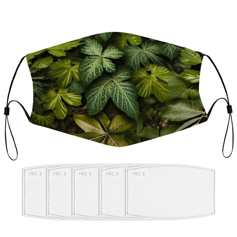 BVKWNTSA Reusable Respirator Face Mask with Filter - Green Leaves And Plants Printed Breathable Cotton Dust/Paint Safety Cover, Adjustable Ear Straps & Nose Wire