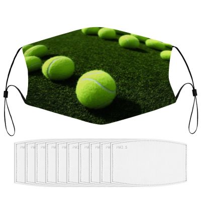 BVKWNTSA Reusable Respirator Face Mask with Filter - Balls on Tennis Grass Court Printed Breathable Cotton Dust/Paint Safety Cover, Adjustable Ear Straps & Nose Wire
