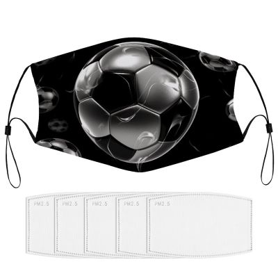 BVKWNTSA Reusable Respirator Face Mask with Filter - Soccer Black Printed Breathable Cotton Dust/Paint Safety Cover, Adjustable Ear Straps & Nose Wire