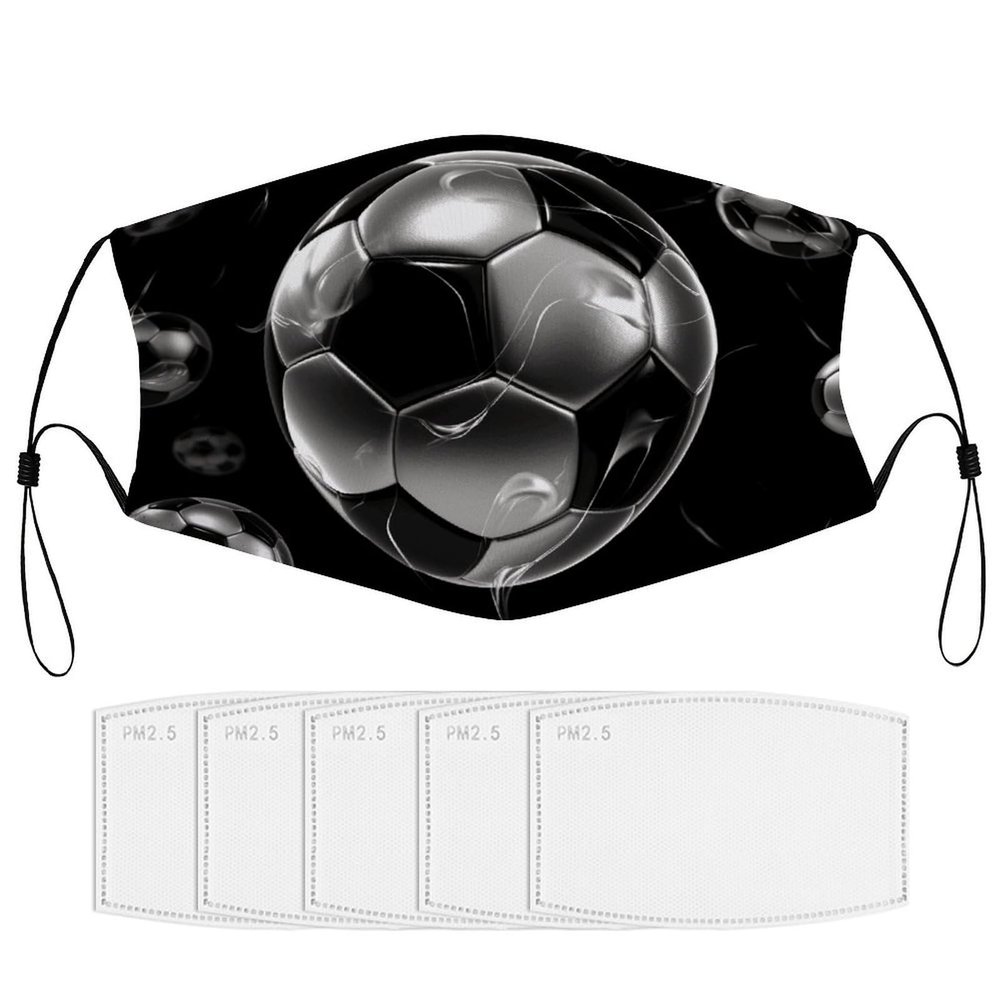 BVKWNTSA Reusable Respirator Face Mask with Filter - Soccer Black Printed Breathable Cotton Dust/Paint Safety Cover, Adjustable Ear Straps & Nose Wire