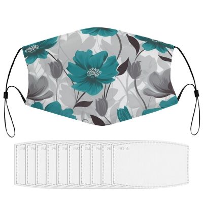 BVKWNTSA Reusable Respirator Face Mask with Filter - Teal Grey And White Floral1 Printed Breathable Cotton Dust/Paint Safety Cover, Adjustable Ear Straps & Nose Wire