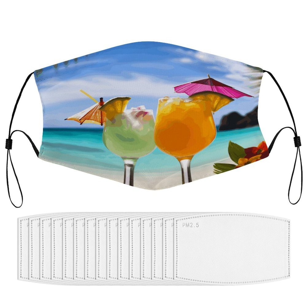 BVKWNTSA Reusable Respirator Face Mask with Filter - Tropical Beach Drink Printed Breathable Cotton Dust/Paint Safety Cover, Adjustable Ear Straps & Nose Wire