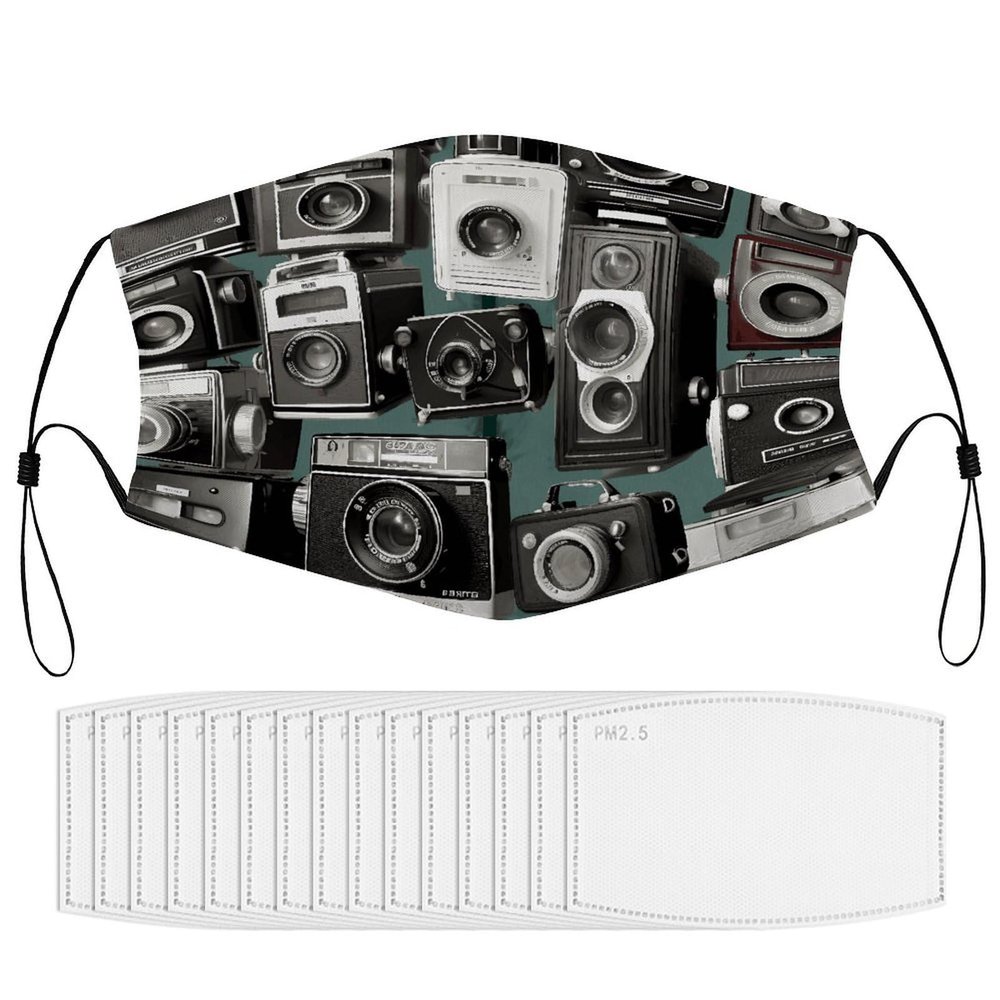 BVKWNTSA Reusable Respirator Face Mask with Filter - Retro Cool Camera Collection1 Printed Breathable Cotton Dust/Paint Safety Cover, Adjustable Ear Straps & Nose Wire