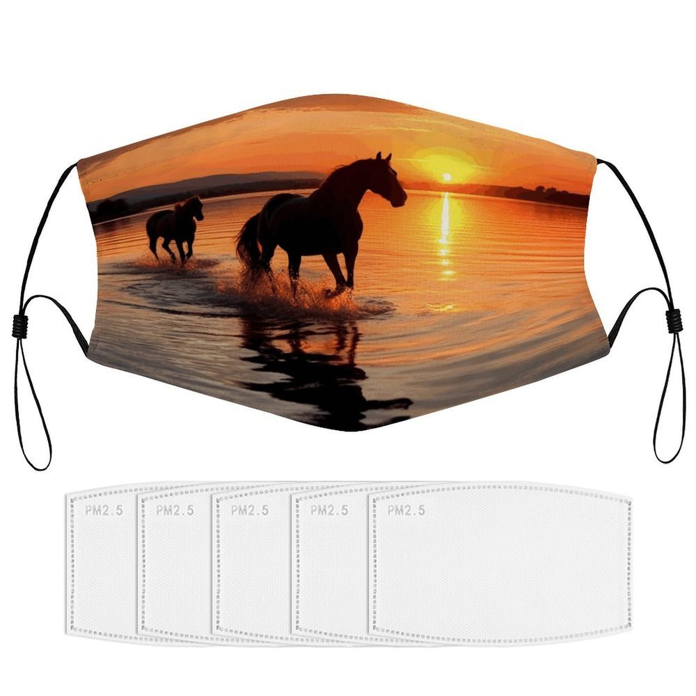BVKWNTSA Reusable Respirator Face Mask with Filter - Sunsets Lake Horses Printed Breathable Cotton Dust/Paint Safety Cover, Adjustable Ear Straps & Nose Wire