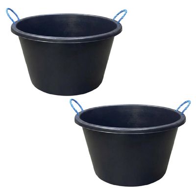 TRG Set Of 2 X 70L Black Heavy Duty Bucket with Blue Rope Handles Perfect for Mixing Plaster, Cement, Muck & Water Versatile Indoor & Outdoor Storage Tub for Garden, DIY & Construction
