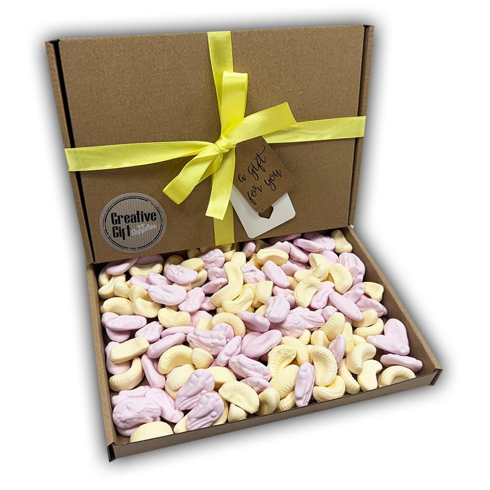 Foam Shrimps and Bananas Sweets Gift Box Hamper For Any Occasion (Kraft Box, Yellow Ribbon)