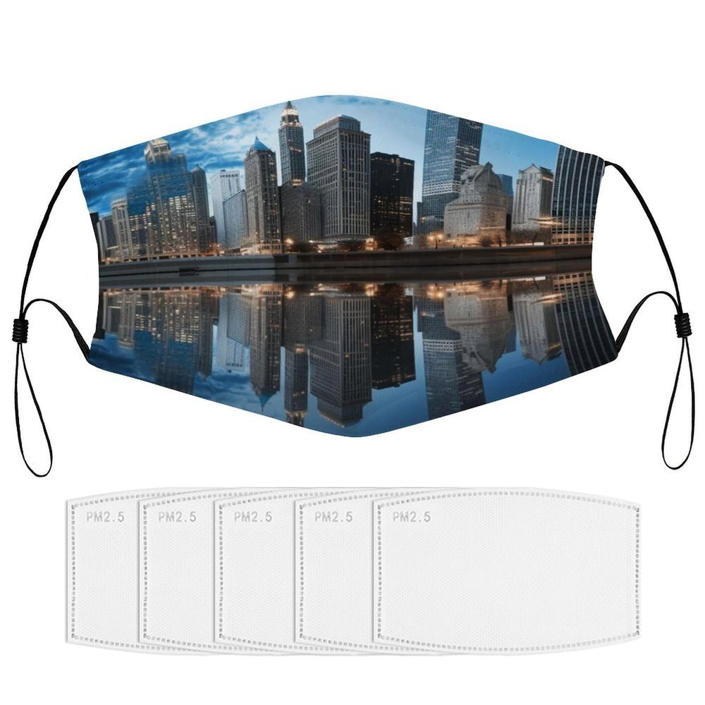 BVKWNTSA Reusable Respirator Face Mask with Filter - Chicago Reflected Printed Breathable Cotton Dust/Paint Safety Cover, Adjustable Ear Straps & Nose Wire