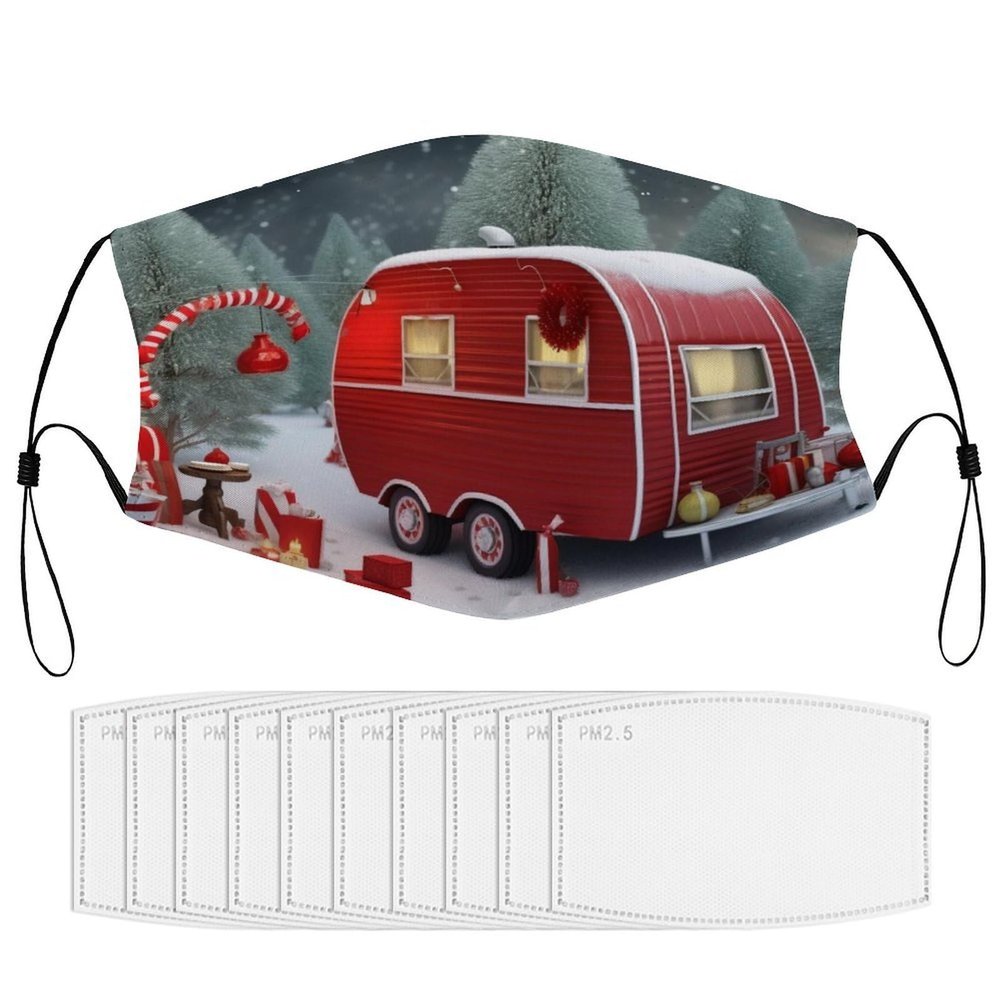 BVKWNTSA Reusable Respirator Face Mask with Filter - Christmas Red Camper Printed Breathable Cotton Dust/Paint Safety Cover, Adjustable Ear Straps & Nose Wire