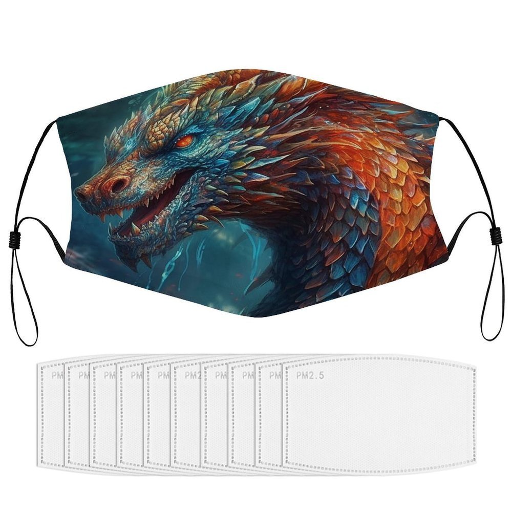 BVKWNTSA Reusable Respirator Face Mask with Filter - Dragon Art Printed Breathable Cotton Dust/Paint Safety Cover, Adjustable Ear Straps & Nose Wire