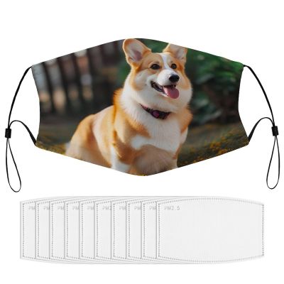 BVKWNTSA Reusable Respirator Face Mask with Filter - Dog Corgi Printed Breathable Cotton Dust/Paint Safety Cover, Adjustable Ear Straps & Nose Wire