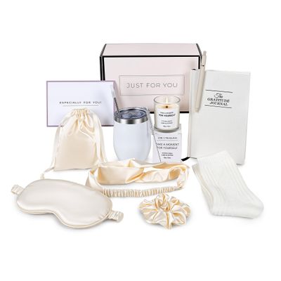 Livie's Treasures Pamper Gift Set for Women - Self Care Box with Candle, Satin Sleep mask, Socks, Stainless Steel Tumbler & Journal - Spa Basket for Women, Birthday present for Her, Thank You Hamper
