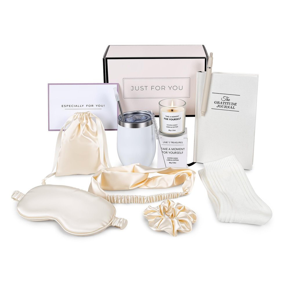 Livie's Treasures Pamper Gift Set for Women - Self Care Box with Candle, Satin Sleep mask, Socks, Stainless Steel Tumbler & Journal - Spa Basket for Women, Birthday present for Her, Thank You Hamper