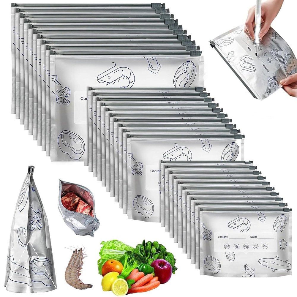 30Pcs Reusable Aluminum Foil Sealable Storage Bags, Stand Up Foil Sealable Freezer Bags with Label and Zip Lock, Aluminum Foil Bags for Food, Vegetable, Fruit, Meat, Bread (S+M+L)