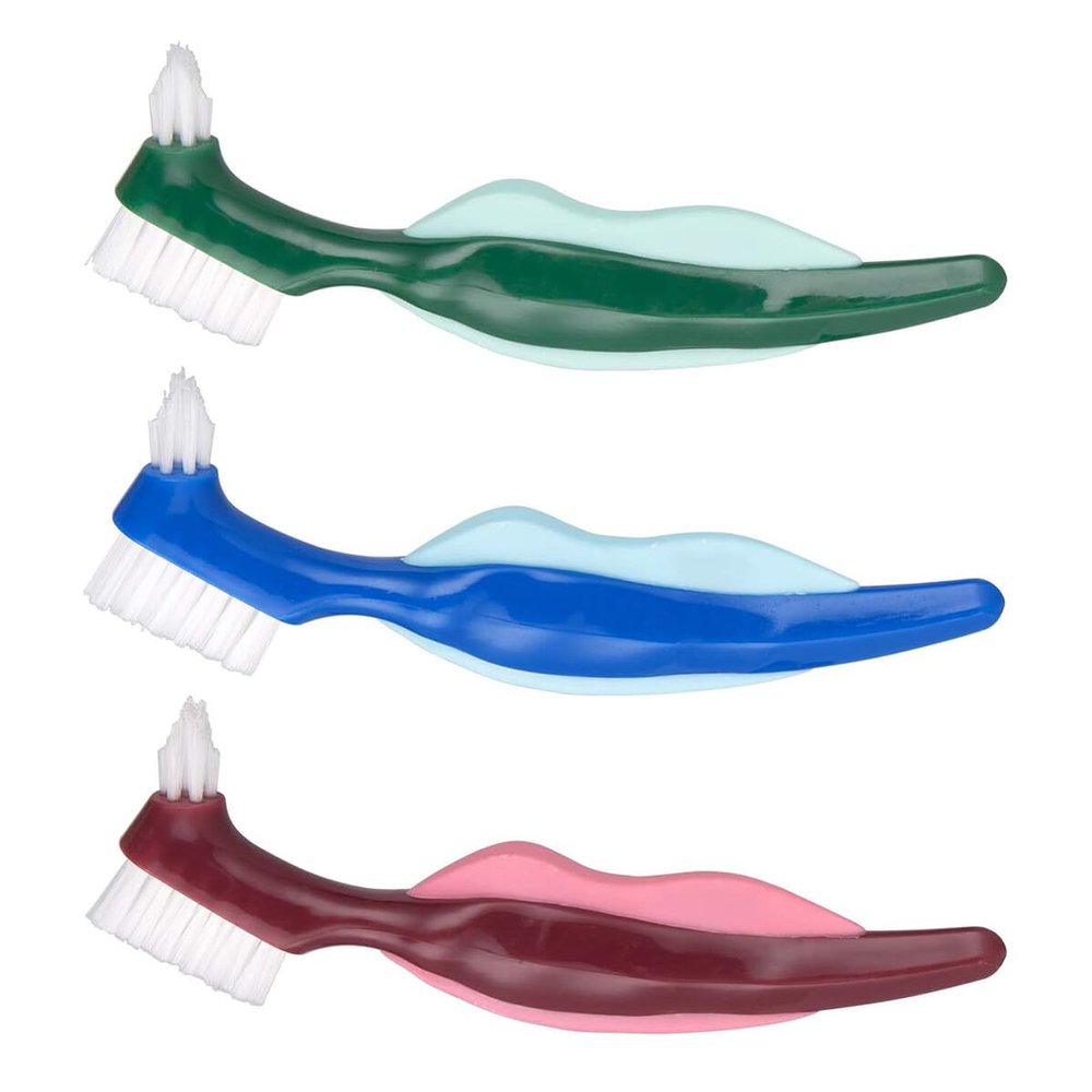 PHENOFICE 3pcs Double-Head Denture Cleaning Brush Hard Bristles Ergonomic Non-Slip Handle for False Teeth and Retainer Care Angled Heads