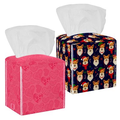 2 pack Christmas Dog Snowflake Tissue Box Cover Leather Tissue Holder Facial Tissue Case Paper Organizer for Bathroom, Vanity Countertop, Tabletop, Car