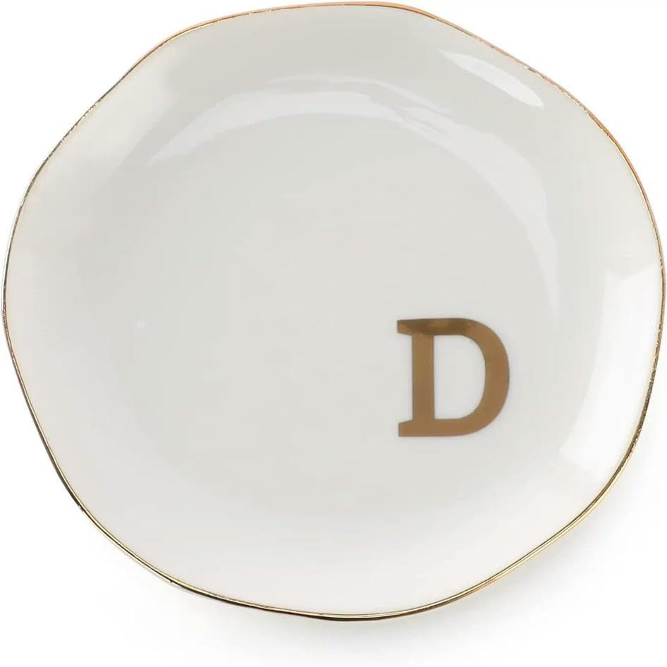 QXDZSW Initials Ring Dish Jewery Tray with A-Z Gifts Wedding Engagement Women Friends sister Ceramic White
