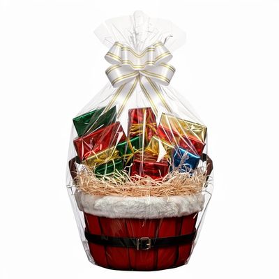 H-Line Christmas Hamper Basket Round Wicker Gift Hampers Santa Style Split Willow Basket with Faux Fur Edging Make Your Own Hamper Kit with Cellophane Wood Shred Bow Set for Christmas (Oval, Small)