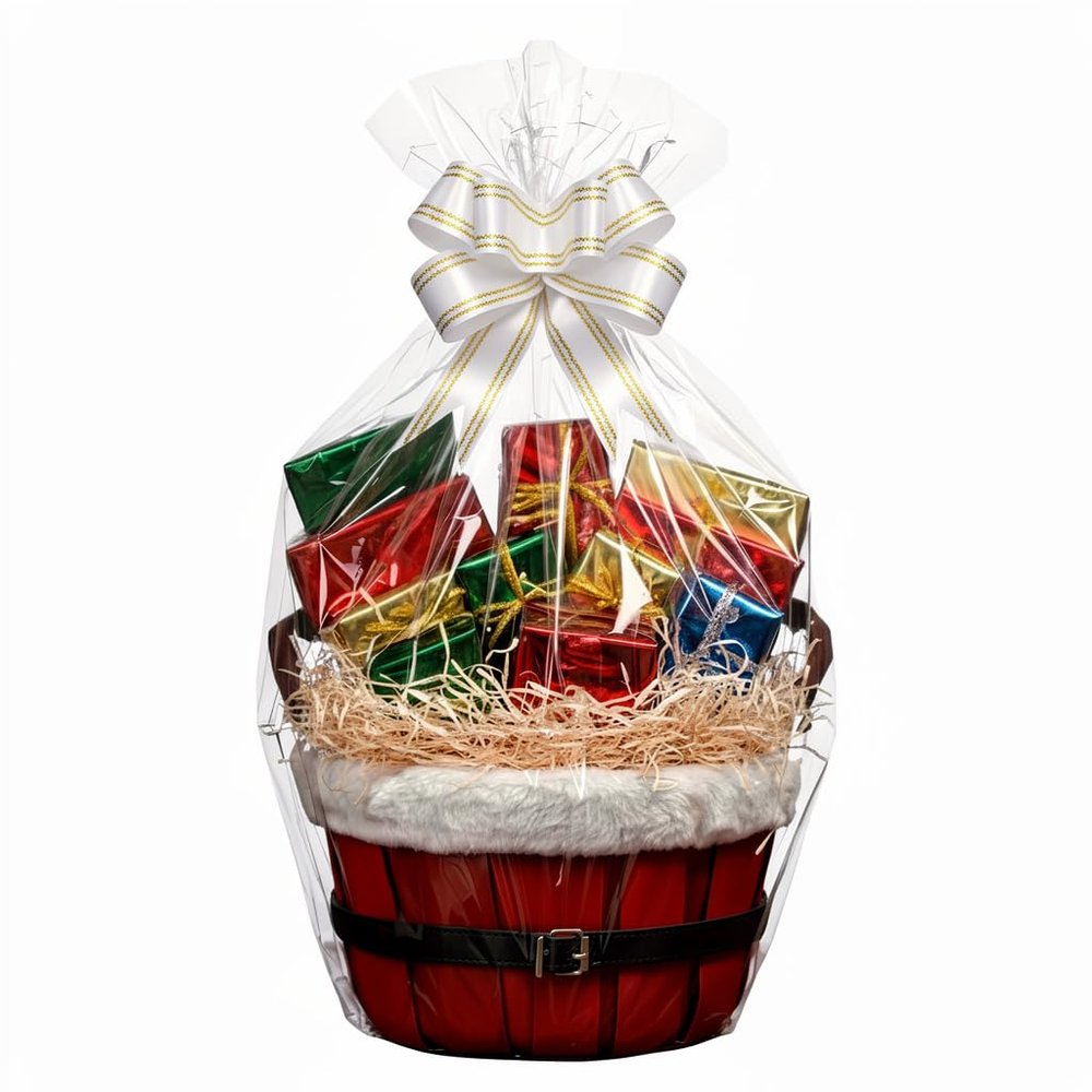 H-Line Christmas Hamper Basket Round Wicker Gift Hampers Santa Style Split Willow Basket with Faux Fur Edging Make Your Own Hamper Kit with Cellophane Wood Shred Bow Set for Christmas (Oval, Small)