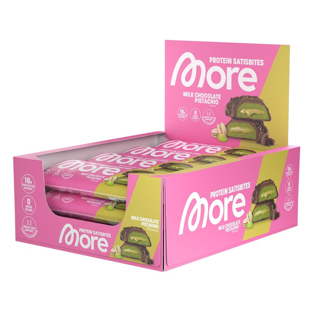 More Protein Satisbites, 12 x 2 x 25 g, Milk Chocolate Pistachio, up to 16 g Protein per Serving, no Added Sugar, Made in Germany