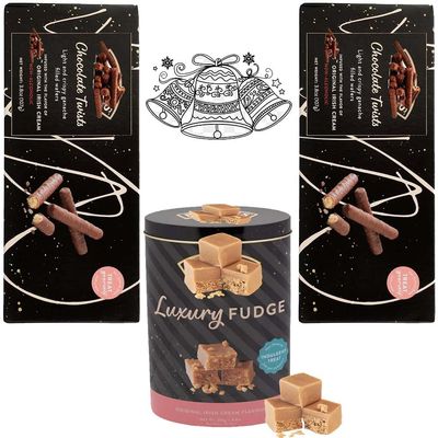 Christmas 3-Mixed Chocolate Gift Set 2 x Chocolate Twists Gift Box 107g & 1 x Luxury Fudge Tin 250g Festive Treats Perfect Stocking Filler