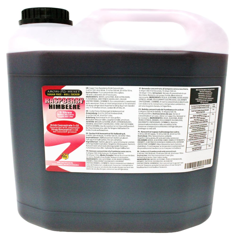 Aromhuset 5 Litres Raspberry Diluting Concentrate - Makes 160 L Drink - Zero Sugar & Highly Concentrated - Mixing Ratio 1:32 - Raspberry Diluting Juice Flavour Ready To Drink