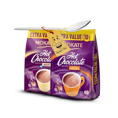 Instant Hot Chocolate Sachets Bundle Which Includes: 2x Mokate Hot Choc 180g | 1x Salted Caramel & 1x Milky (10 drinking chocolate powder each) Bundled with 1x Stainless Little Spoon by Donny & Dev
