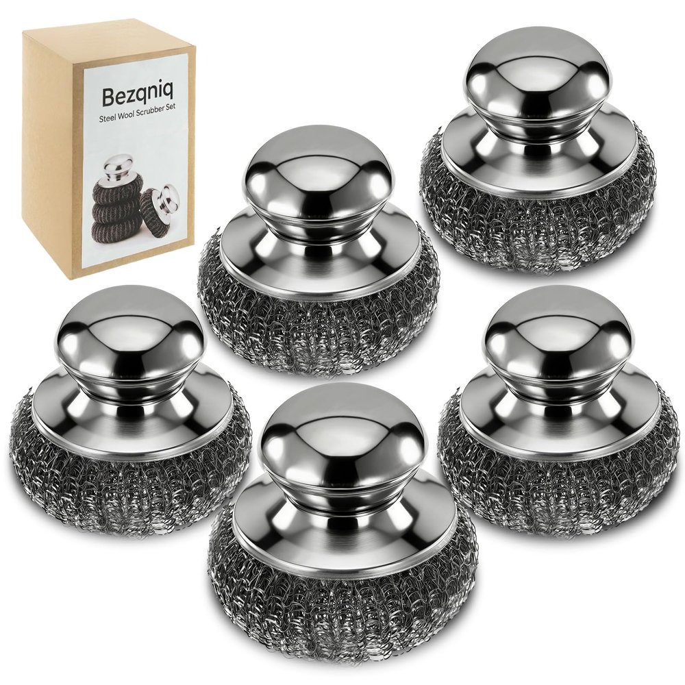 5PCS Steel Wool Scrubber with Handle,Stainless Steel Scrubber for Cast Iron Scrubber and Pot Scrubber, Steel Wool Pads with Handle for Kitchen Cast Iron, Kitchen Pots, Pans, Grill, Stoves, Sink