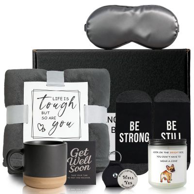 Get Well Soon Gifts for Men Care Package with Plush Blanket(Grey), Mug, Socks, Eye Mask, Bracelet, Candle & Card After Surgery Gift Basket for Men, Dad, Friend Recovery