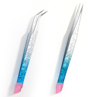 Apojgitn 2PCS Crystal Blue Nail Tweezer: Double Ended Sticker Tweezers with Silicone for Craft, Precision Rhinestone Picker Tool for Jewelry Eyelash Nail Art,Curved Tip Tweezers Kit