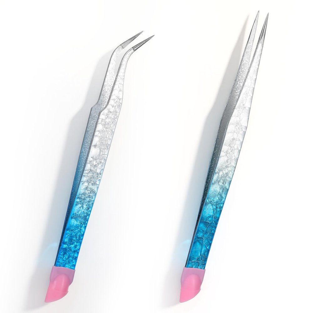 Apojgitn 2PCS Crystal Blue Nail Tweezer: Double Ended Sticker Tweezers with Silicone for Craft, Precision Rhinestone Picker Tool for Jewelry Eyelash Nail Art,Curved Tip Tweezers Kit
