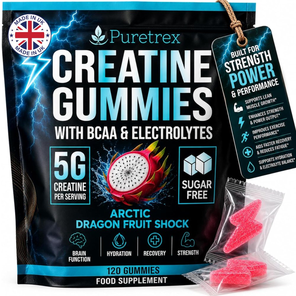 Puretrex Creatine Monohydrate Gummies 5000mg, UK Made Creatine Gummies with BCAA & Electrolytes, Muscle Strength Recovery & Hydration Support, Sugar Free Formula, Arctic Dragon Fruit, 120 Count