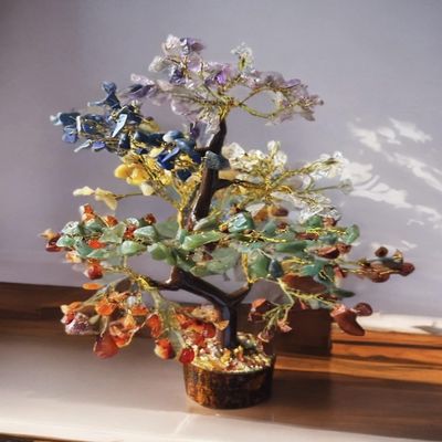 7 Chakra Crystal Tree of Life, Polished Gold Wire Wrapped Bonsai Style with Decorative Base for Good Luck and Spiritual Balance