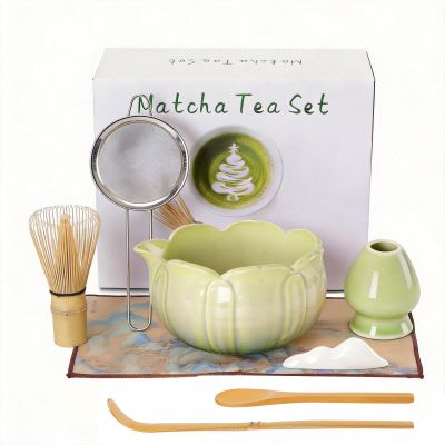 8Pcs Green Matcha Set Ceramic Matcha Bowl and Whisk Set, Handmade Bamboo Whisk (Chasen), Matcha Whisk Holder, Sifter, Scoop,Tea Strainer Fine Mesh & Towel - Japanese Matcha Tea Set & Making Kit Gift