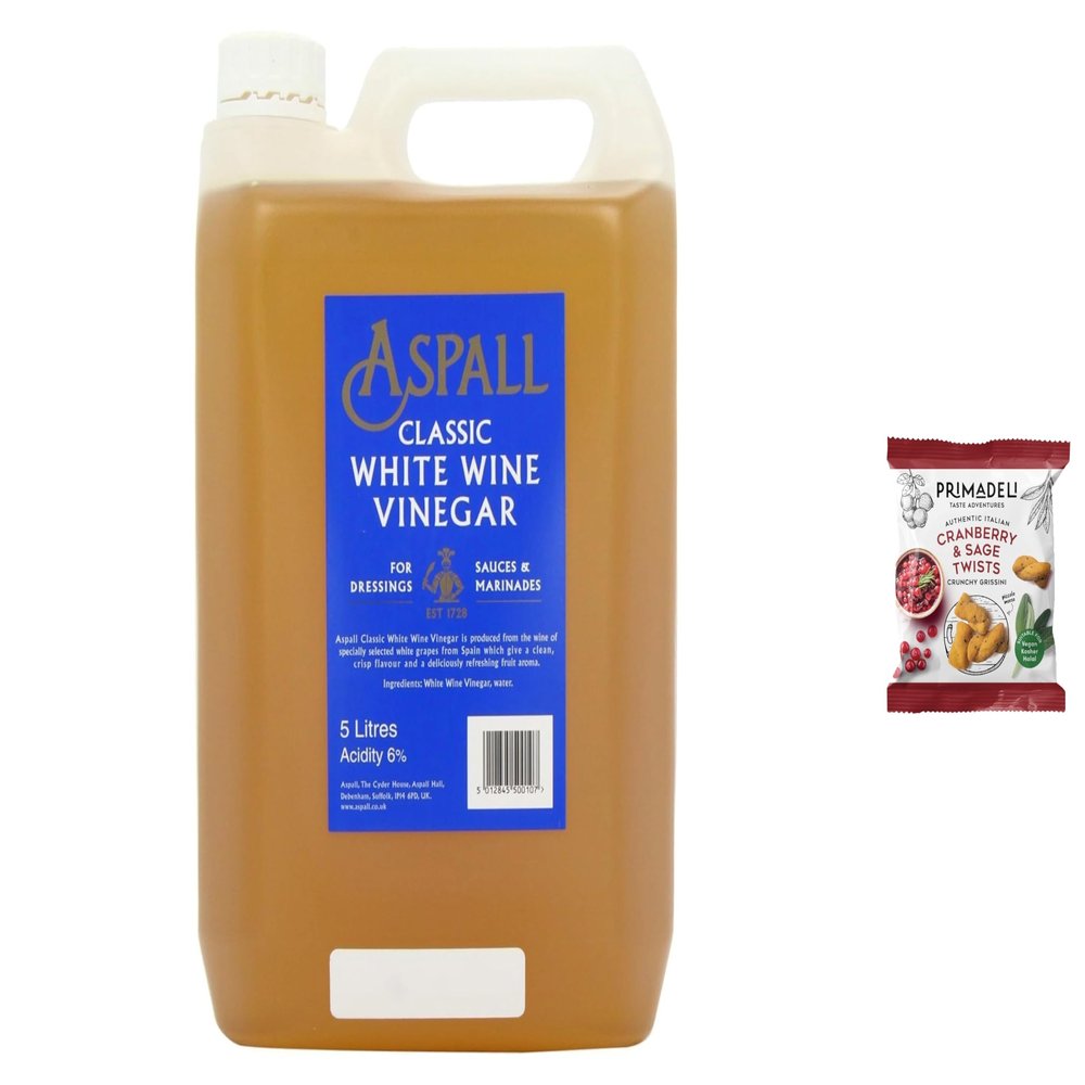 Aspall White Wine Vinegar 5 Litre + Primadeli Snack Natural Unpasteurised White Wine Vinegar, 6% Acidity, Classic Floral Flavour for Cooking, Sauces, Dressings & Marinades, from SuperfoodUK