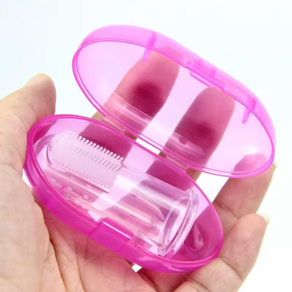 Silicone Baby Finger Toothbrush Soft Oral Care Brush with Storage Case Pink/Blue (Pink)