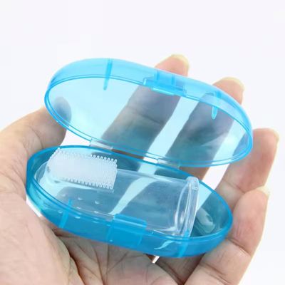 Silicone Baby Finger Toothbrush Soft Oral Care Brush with Storage Case Pink/Blue (Blue)