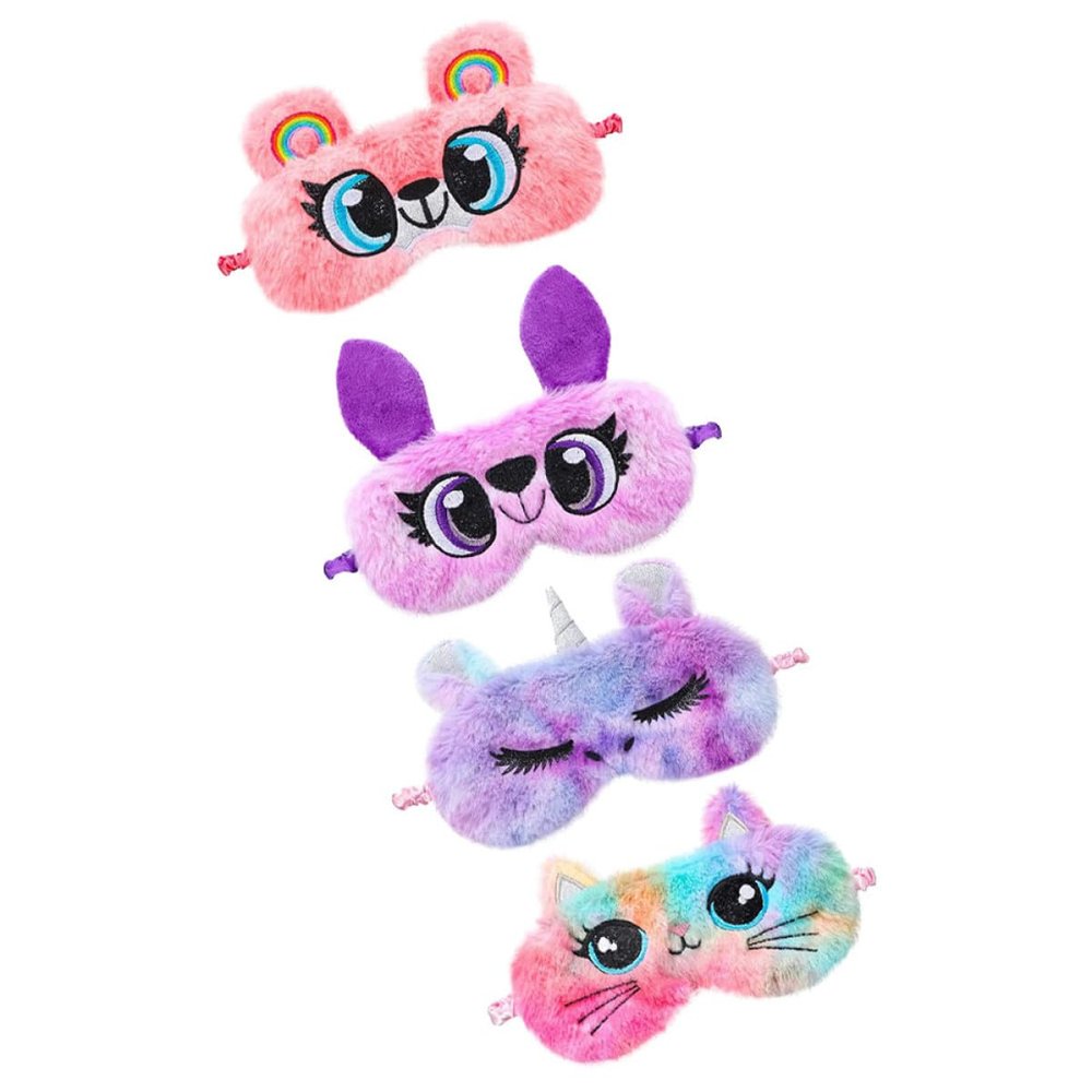 TEHAUX 4pcs Cartoon Plush Eye Mask Set with Owl, Unicorn, Rainbow Cat, and Bear, Comfortable Sleep Blindfold for Travel and Nap, Lovely Shading Eye Cover