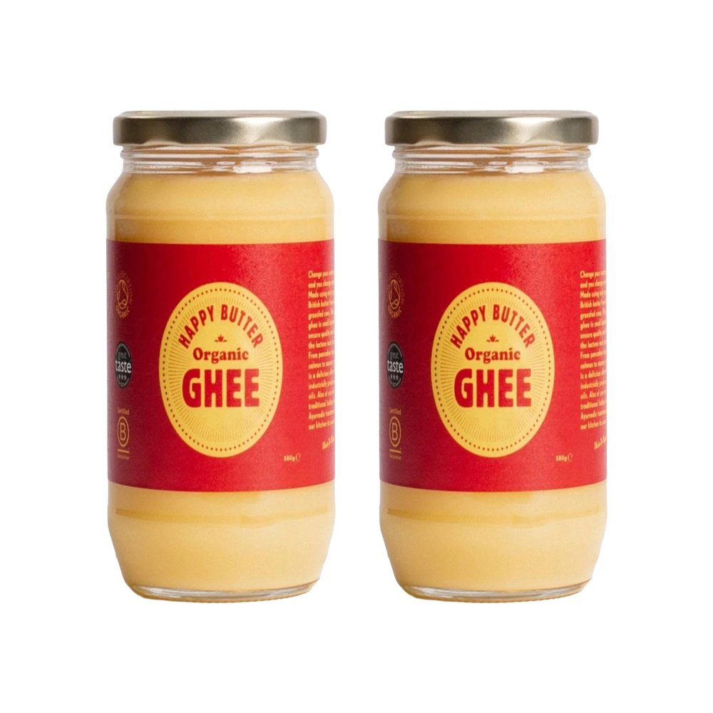 Happy Butter | Organic Ghee 580g Grass-Fed British Clarified Butter | Lactose & Casein Free | Rich in Vitamins A,D,E & K | Award-Winning Organic Ghee for Cooking, Baking | (Pack of 2)