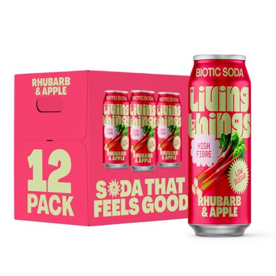 Living Things Prebiotic Soda - Gut Health & Low Calorie Drink - 12 x 330ml Cans - High in Fibre - Rhubarb & Apple