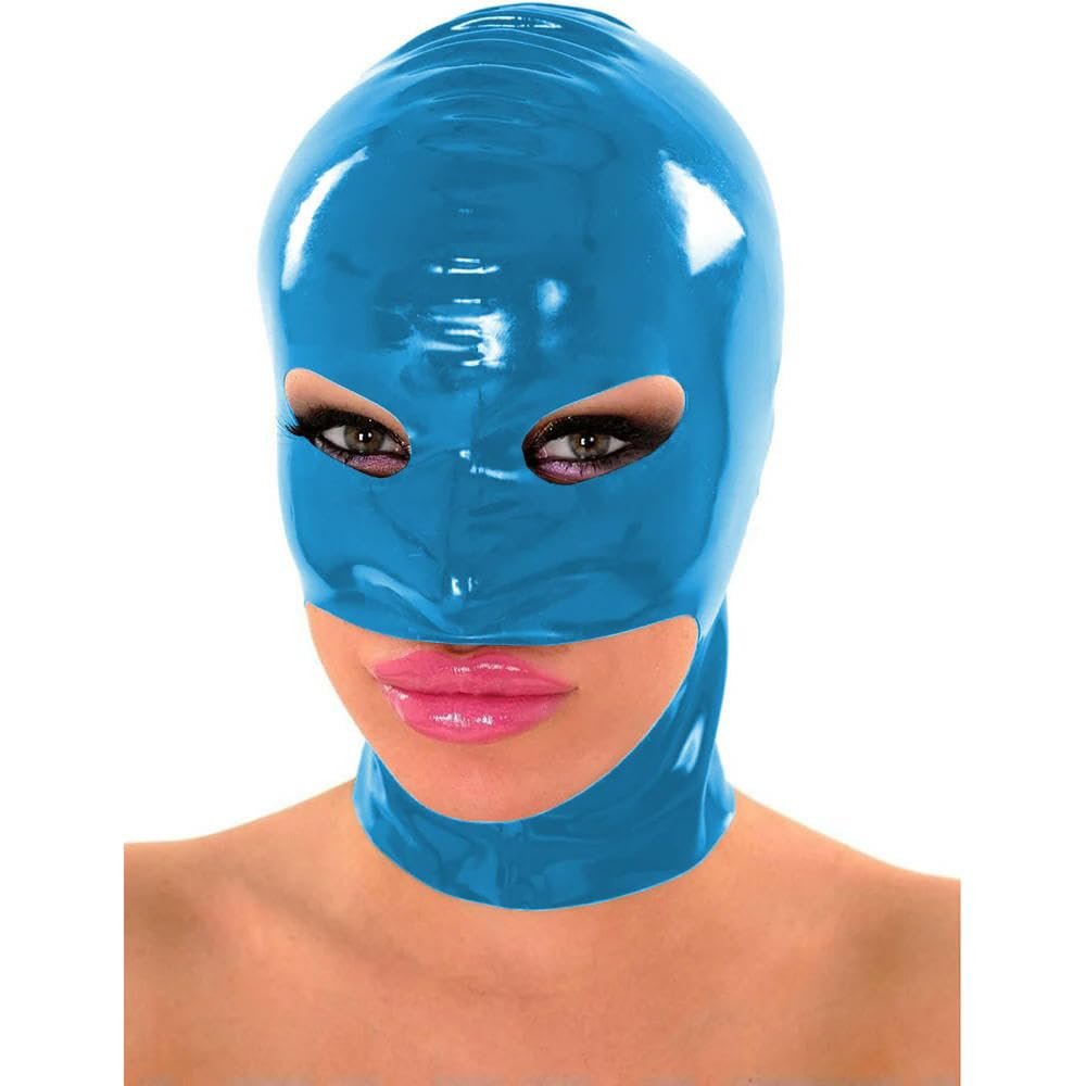 QIANGYTHENKO PVC Latex Look Hood Mask Open Mouth with Eyes Exotic Accessory for Men Women Halloween Cosplay Costume Blue